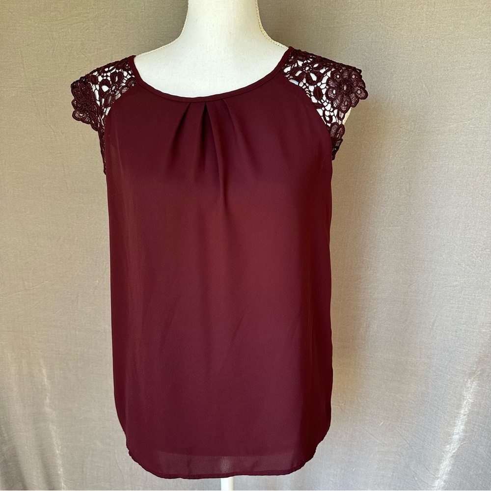 Philosophy Womens Burgundy Feminine Whimsigoth Lace Cap Sleeves Top Small